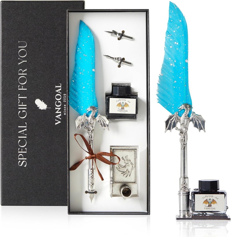 VANGOAL Dragon Quill Pen & Ink Set, Vintage Dragon Feather Dip Pen Gift Set for Writing, Drawing & Desktop Decoration (Ice Blue) - Image 1